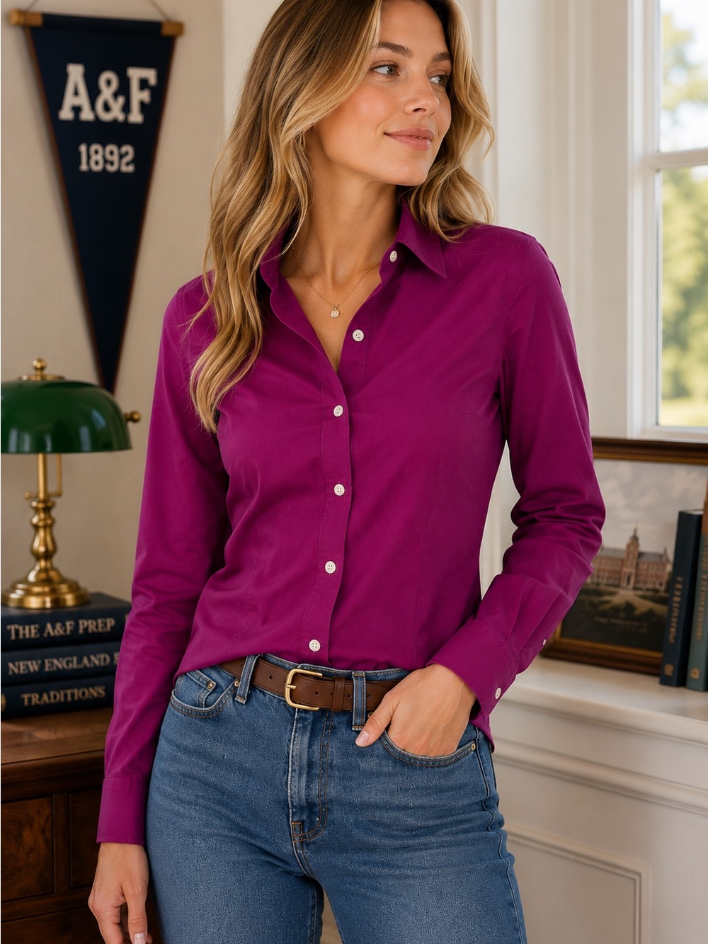 Chaps No Iron Button-Down Shirt – Size Medium | 100% Cotton | Rich Magenta